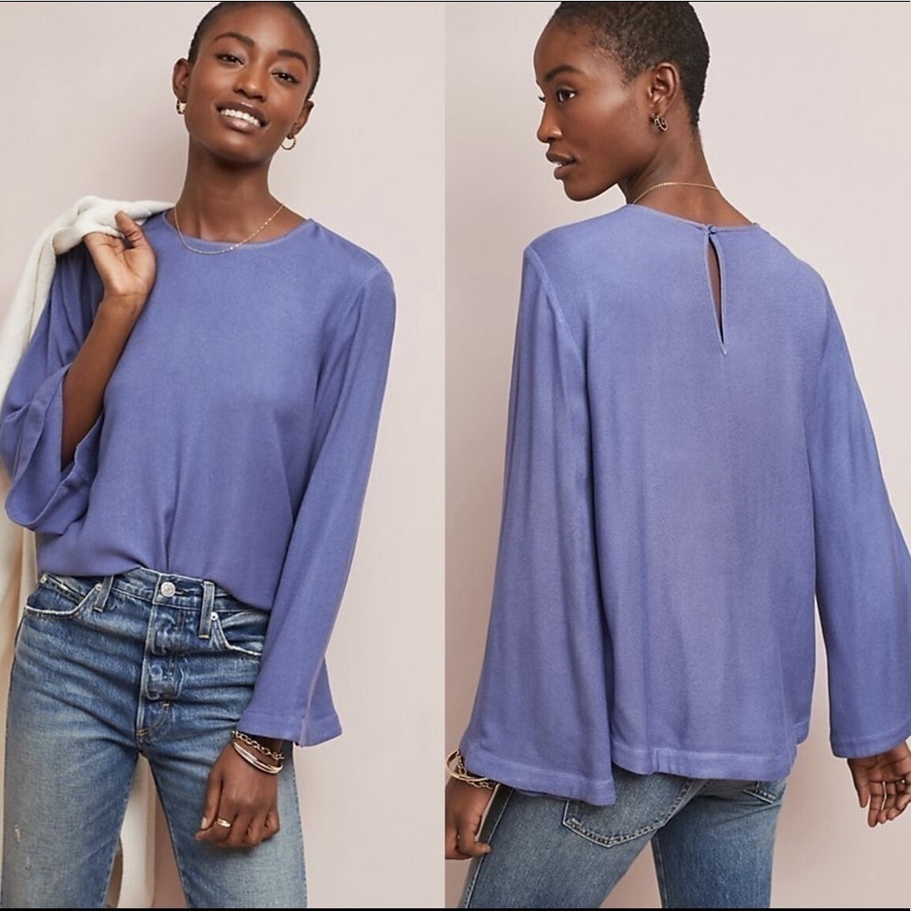 Cloth & Stone for Anthropologie Wedgewood Crew Neck Top Bell Sleeves Blue Small